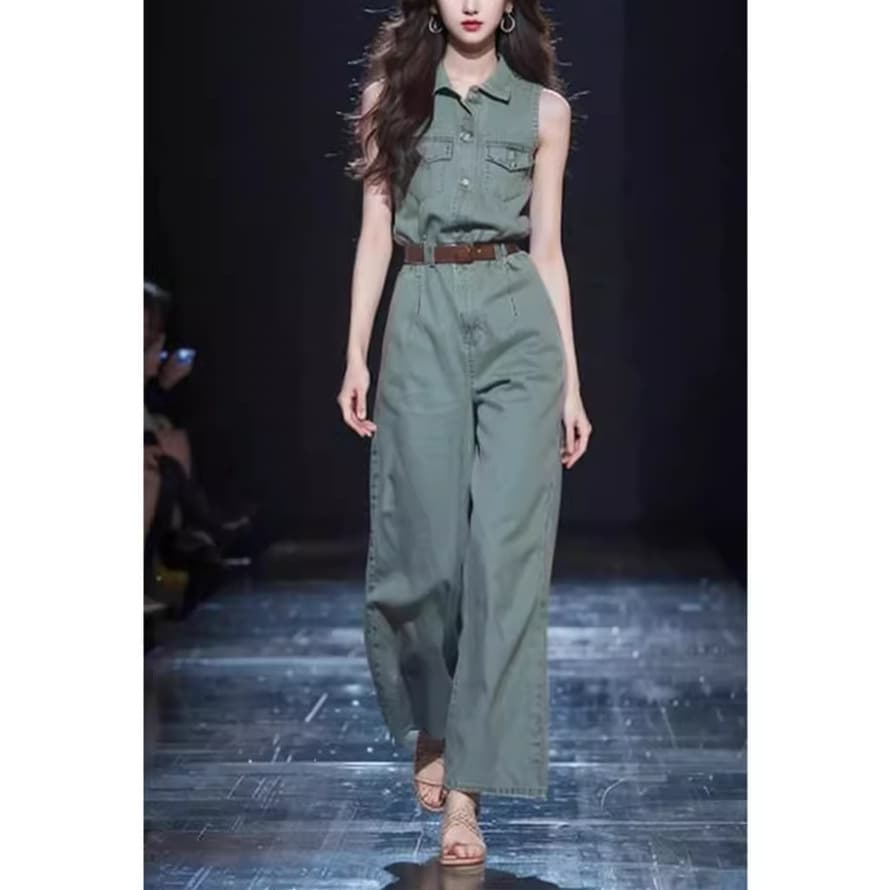 2026 Summer High-End Exquisite Blue Denim Wide-Leg Jumpsuit for Women, French Chic and Sophisticated Style