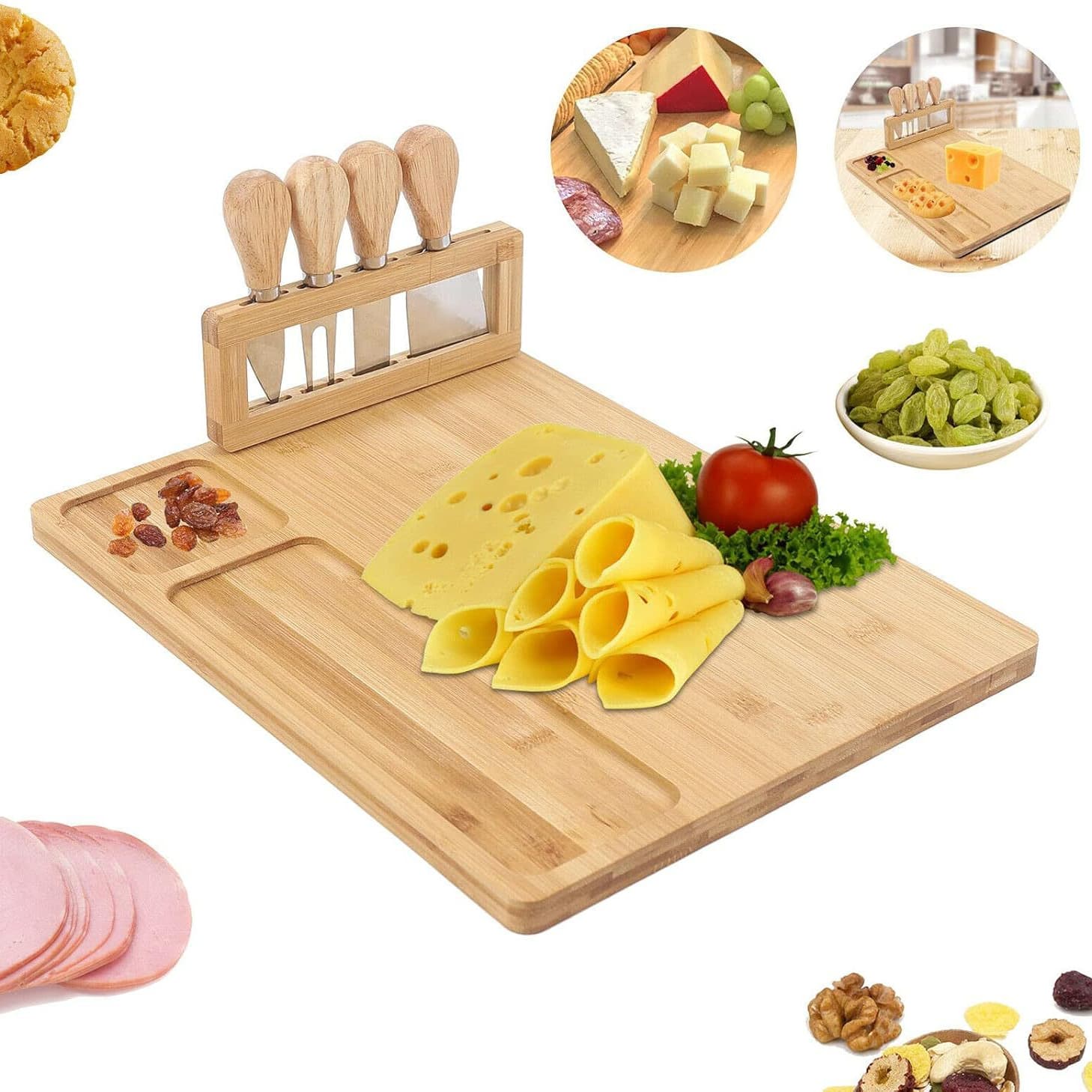 Bamboo Cheese Board Set of 4 with Cheese Knives, Bread Board, Cutting Board, Kitchen Bamboo Chopping Board