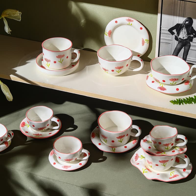 Vintage French Pink Floral Coffee Cup & Saucer Set, High-Gloss Ceramic, Large Capacity Milk Cup, Gift
