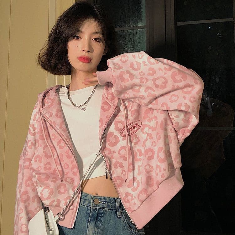 2025 Pink Leopard Print Short Cardigan for Women Spring Autumn New Loose Hong Kong Style Retro Hoodie Trend