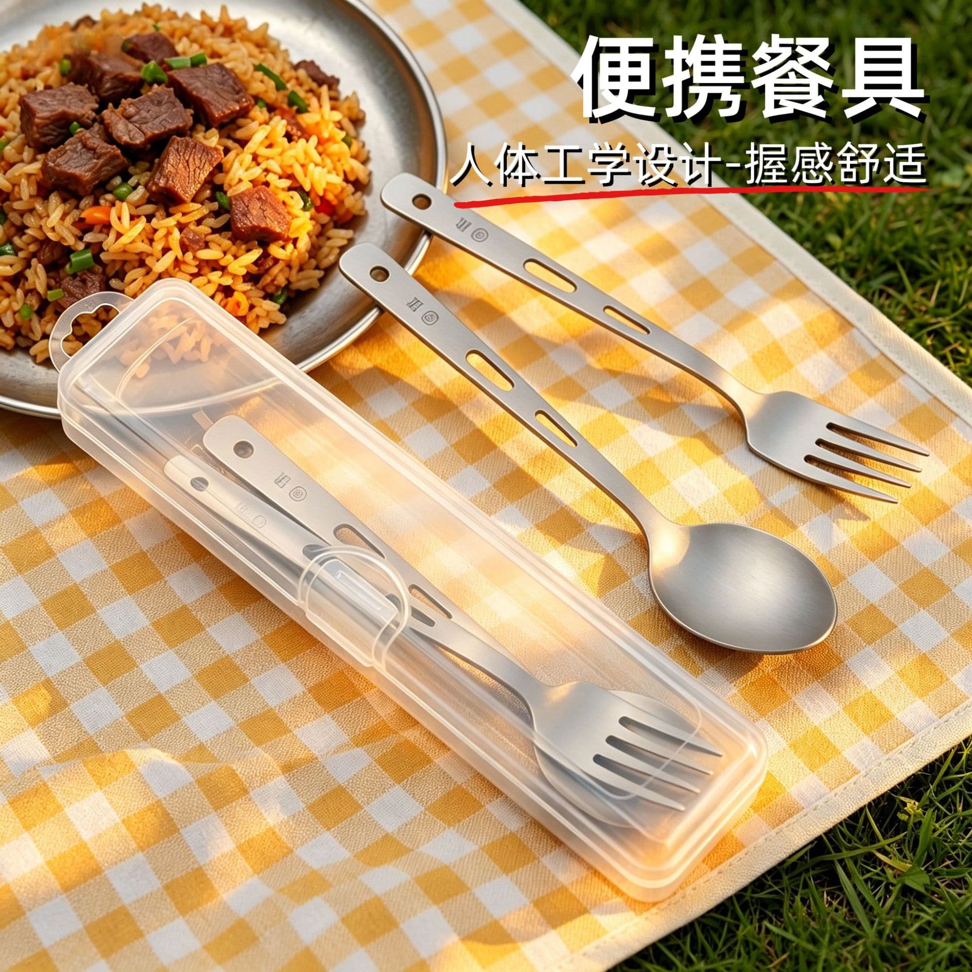 Titanium Purification Outdoor Portable Knife, Fork, and Spoon Set, Dining Household Box, Five-Piece Salad Spoon, Picnic Camping Gear