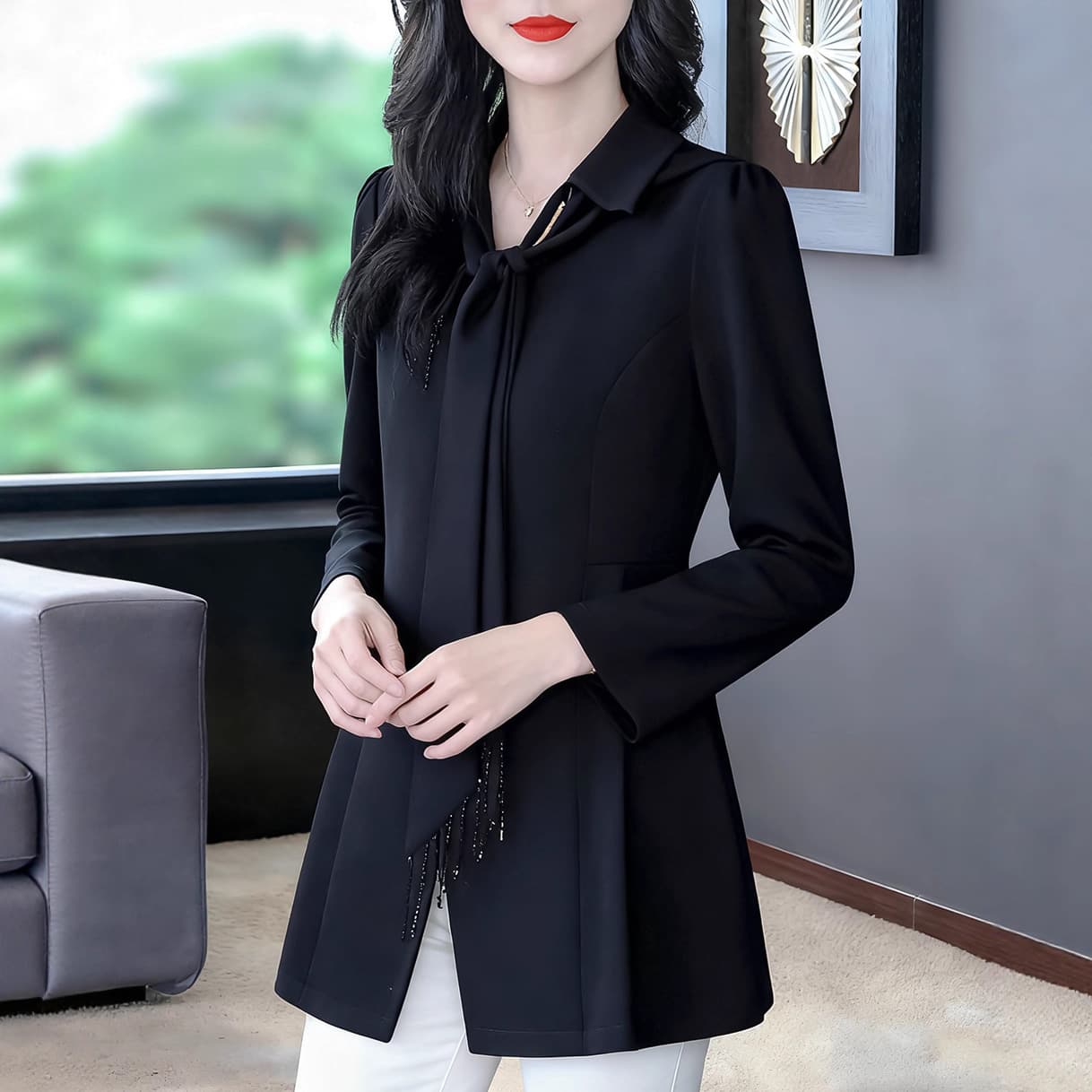 2025 Autumn and Winter New Design Lapel Ribbon Fashion High-End Chiffon Long-Sleeve Blouse and Top, Plus-Size for Mothers
