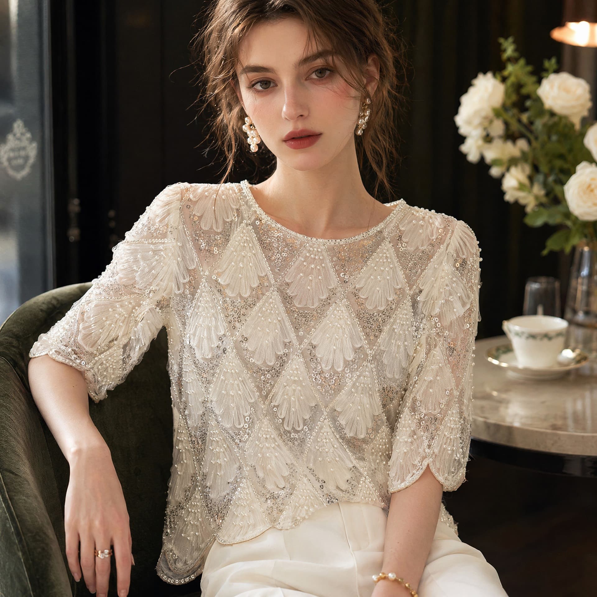 Summer new heavy industry sequin beads pearl round neck short-sleeved T-shirt women's geometric pattern temperament versatile loose top