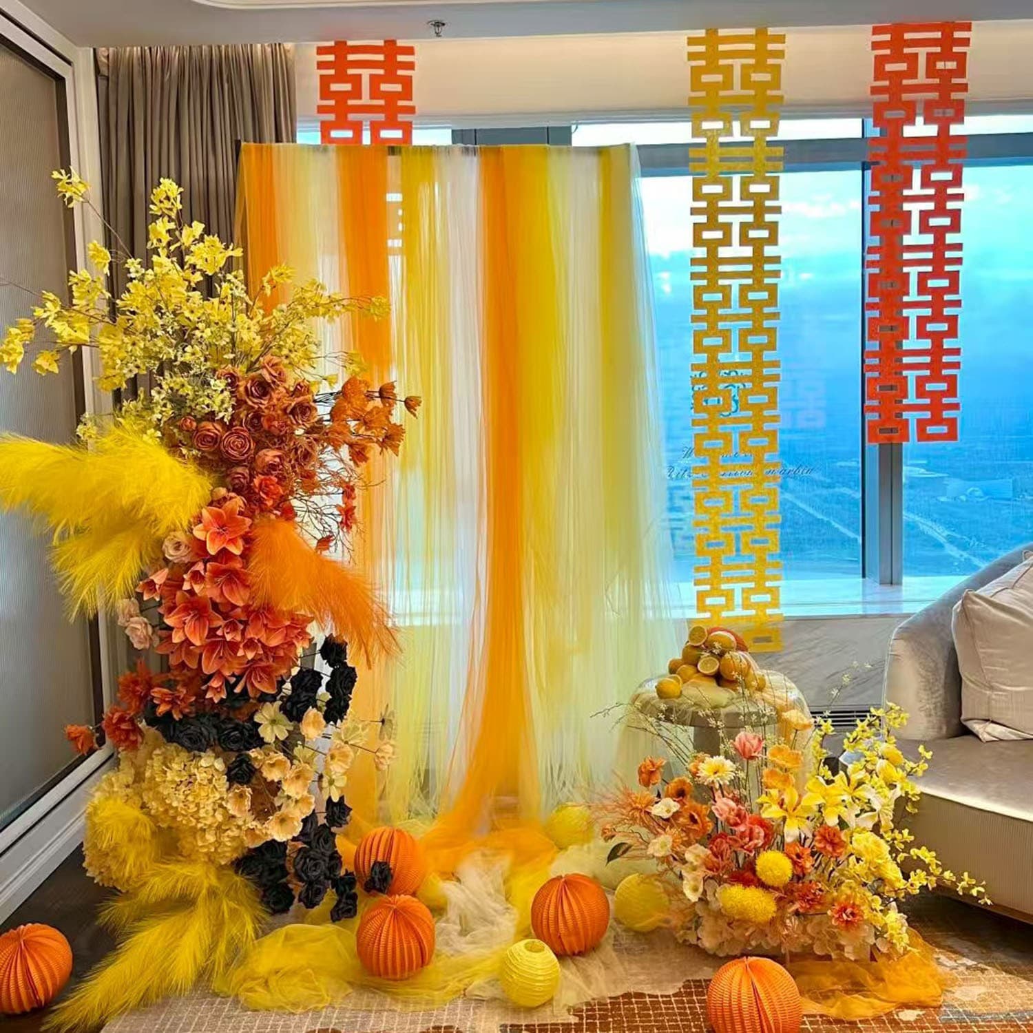 Yellow Light Yellow Wedding Decoration Scene Arrangement Light Translucent Soft Yarn Sheer Curtain Net Yarn Fabric Kindergarten Environmental Creation Waterfall