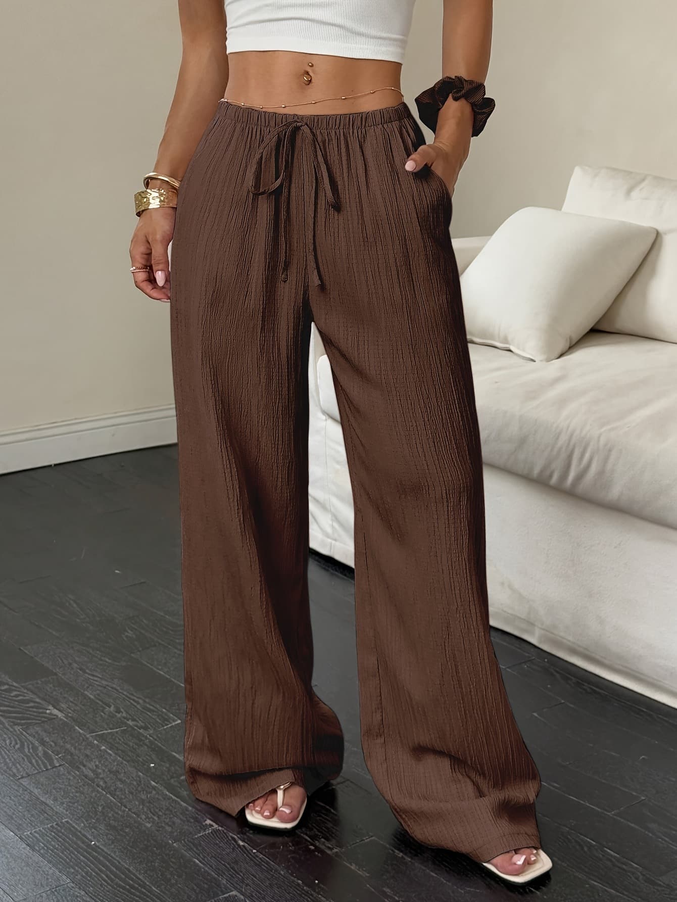 2026 New European and American Cross-Border Women's High-Waist Wide-Leg Pocket Trousers with Drawstring Waistband, Lightweight Beach Vacation Pants