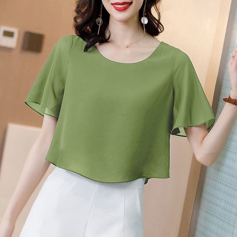 Chiffon Blouse Women Short Sleeve Short Style 2022 Elegant Middle-Aged Mother Faux Two-Piece Plus Size Fashionable Age-Defying