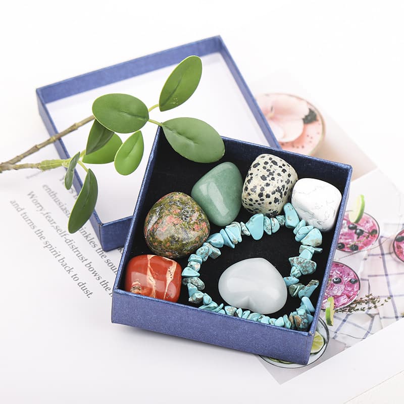 Natural mineral crystal rolling stone red, yellow, green and purple raw stone large particle ornaments rolling stone ore specimen gift box set