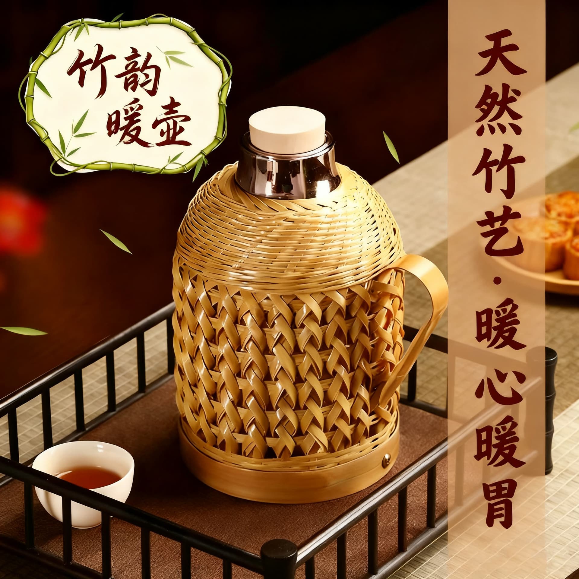 Bamboo-Woven Household Thermos with Glass Liner, Vintage Style, High-Quality Insulated Pot, Large Capacity for Tea Rooms