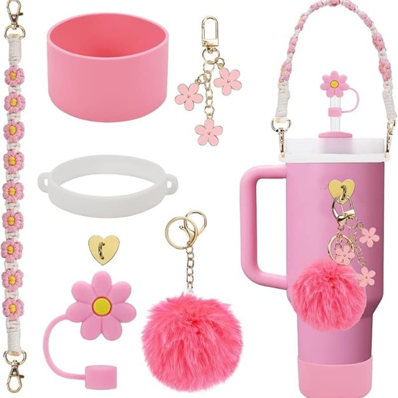Creative Stanley Cup Accessory Set Silicone Insulated Water Cup Sleeve Handle Strap Flower Pom-Pom Charm Set