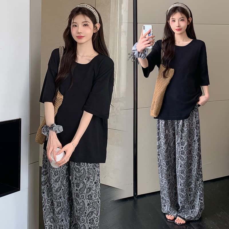 Internet celebrity maternity suit 2025 new summer fashion ice silk stretch T-shirt + pig nose button floral wide leg pants for outer wear
