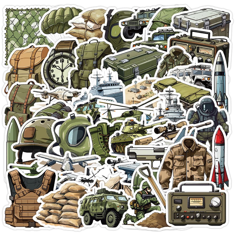 50-Pack Military Equipment Graffiti Stickers, Waterproof Decals for Phones, Laptops, Notebooks, and Journals, Wholesale