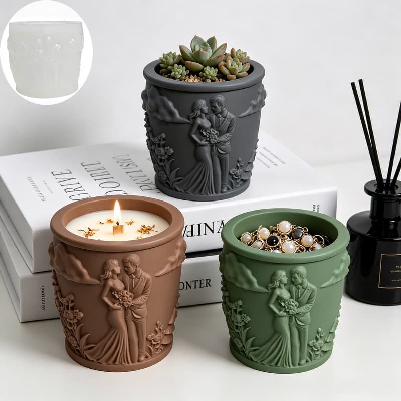 European Style Relief Couple Flower Pot Silicone Mold DIY Succulent Planter Plaster Aromatherapy Candle Cup Mold Wholesale