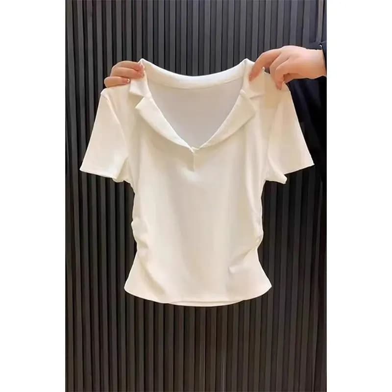 Women's Polo Collar Short-Sleeve T-Shirt, Summer, Regular Shoulder, Slimming Fit, Korean Style, Waist-Cinching, Cropped, Fashionable Top, Waist-Slimming