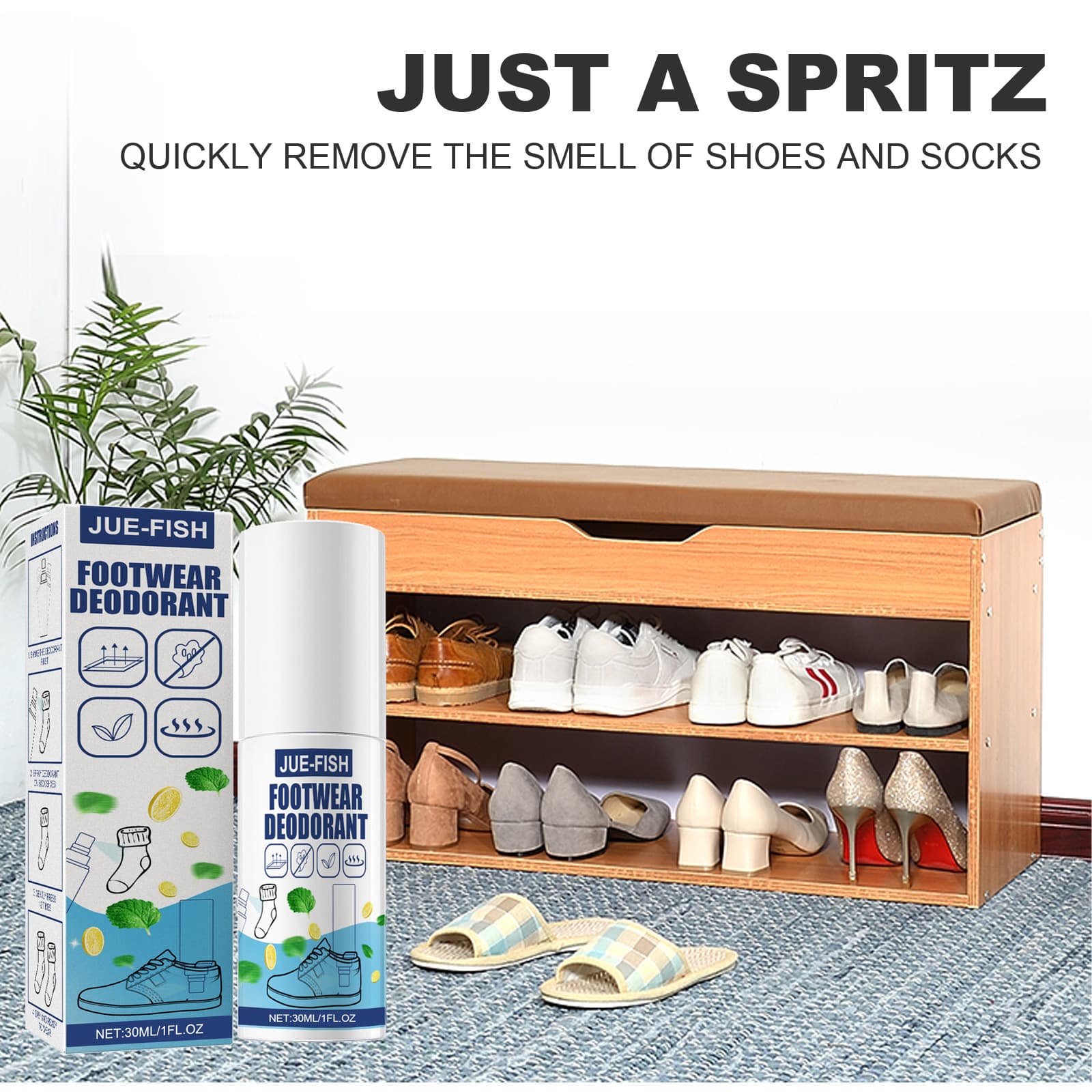 JUE-FISH Shoe and Sock Deodorizer, Shoe Cabinet Deodorizing Spray, Eliminates Foot Odor and Smells, Quick and Long-Lasting Freshness