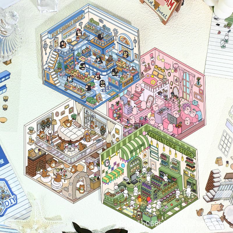 Senyou 2.0 Series Cross-border Scene Stickers 3D Model House Stickers DIY Storage Scene Little Red Book Same Style Viral