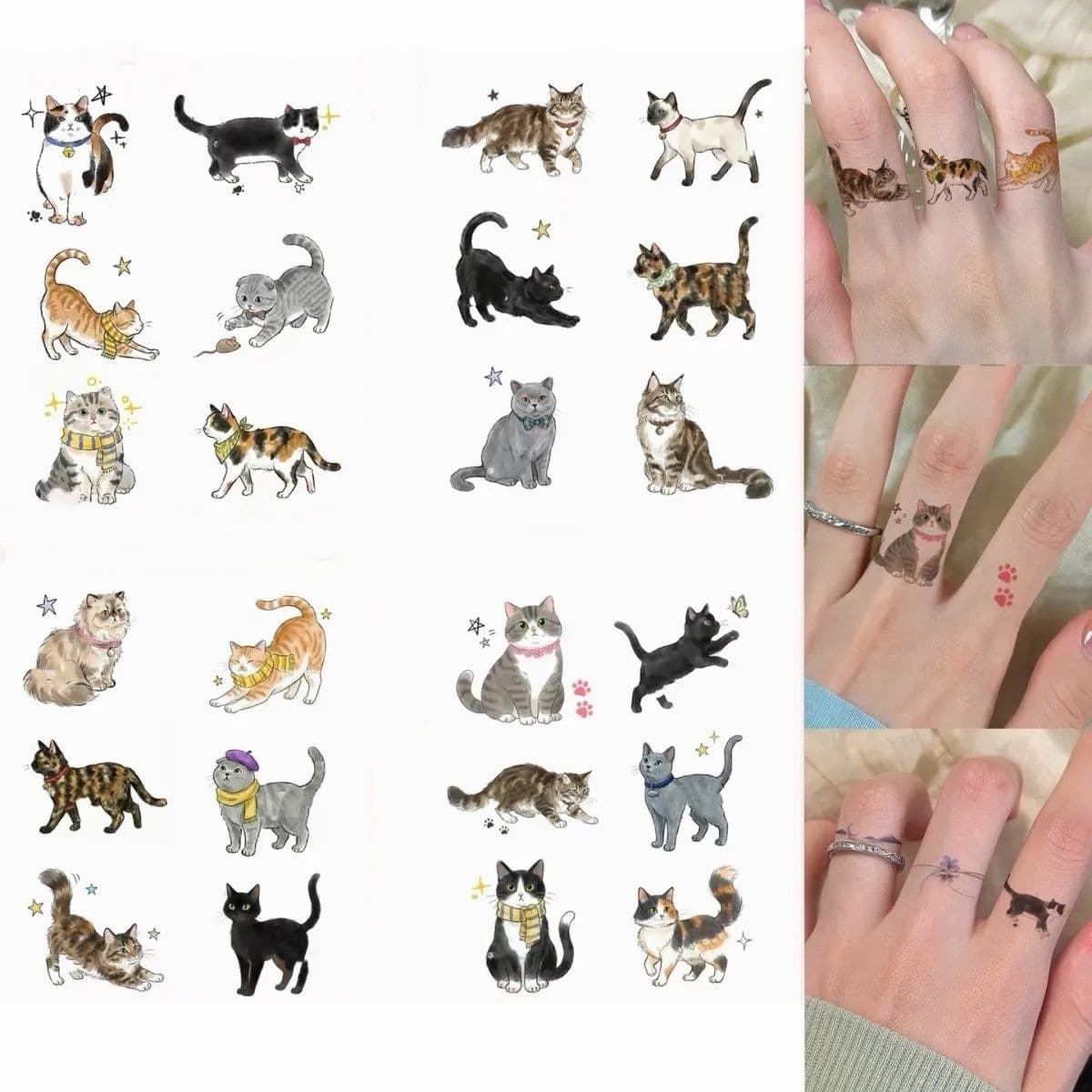 Kitten Finger Tattoo Sticker Meow Ring for Women Waterproof Long-lasting Colorful Ins Style Sweet Cool Cartoon Sticker