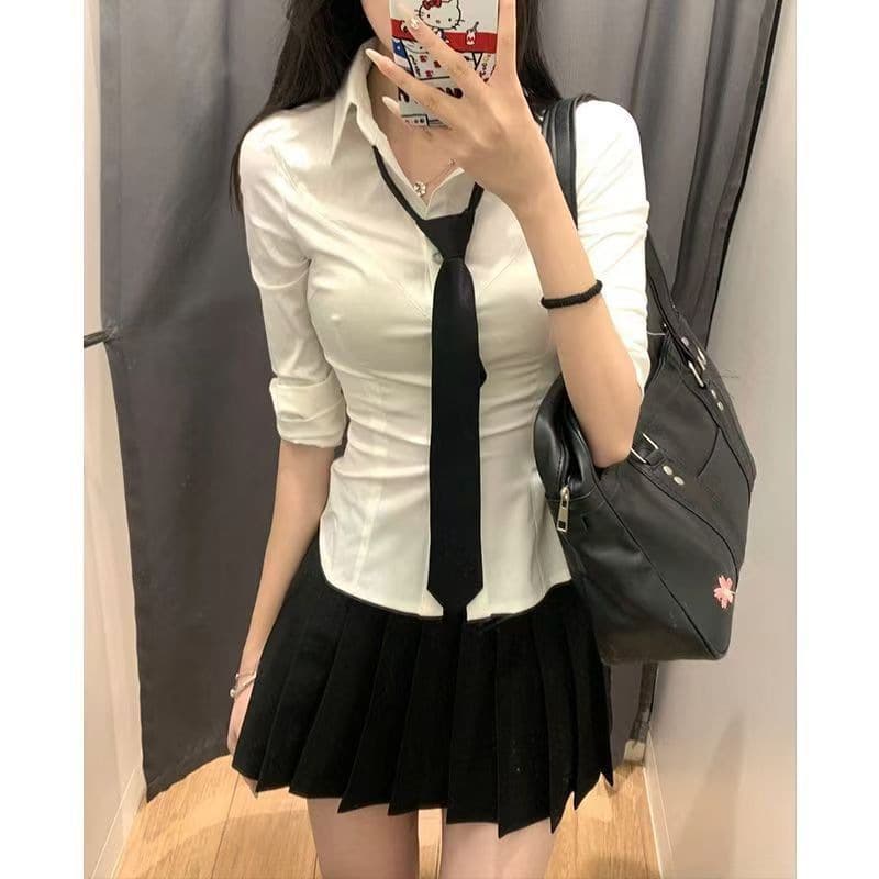 Pure Desire Style JK Uniform Waist-Cinching Shirt Sweet Spicy Academy Style Original Long Sleeve Short Skirt Set Slimming Hot Girl Top Women