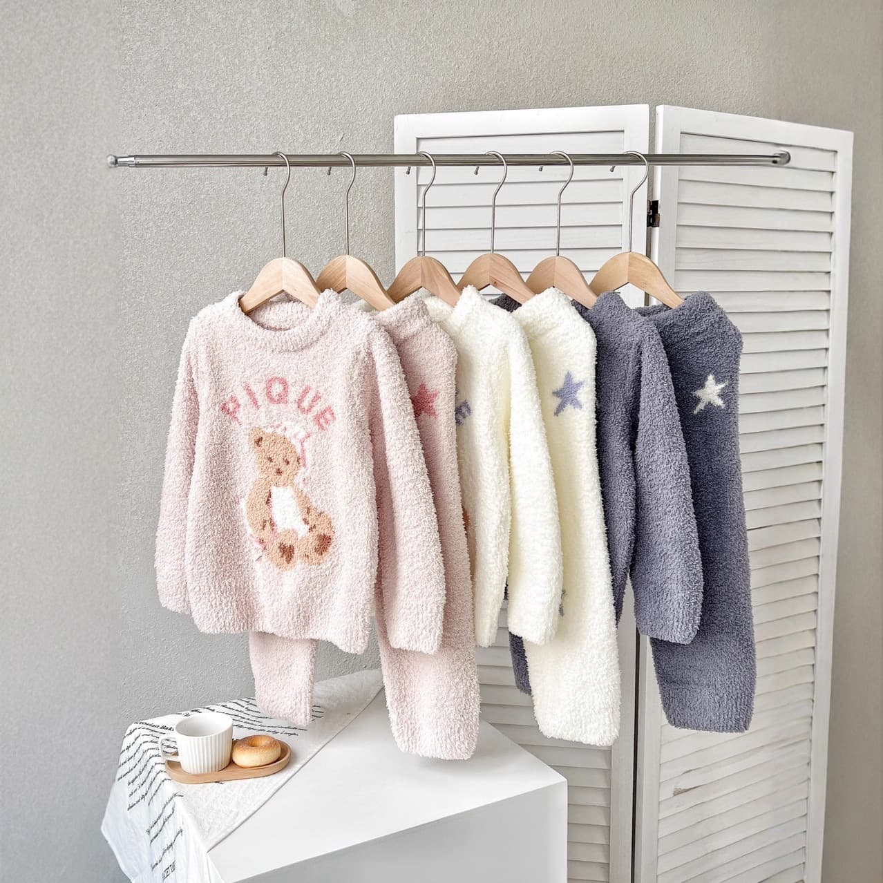 25gp Cute New Half-Side Fleece Goodnight Bear Kids Women Couples Soft Cartoon Homewear Pajama Set