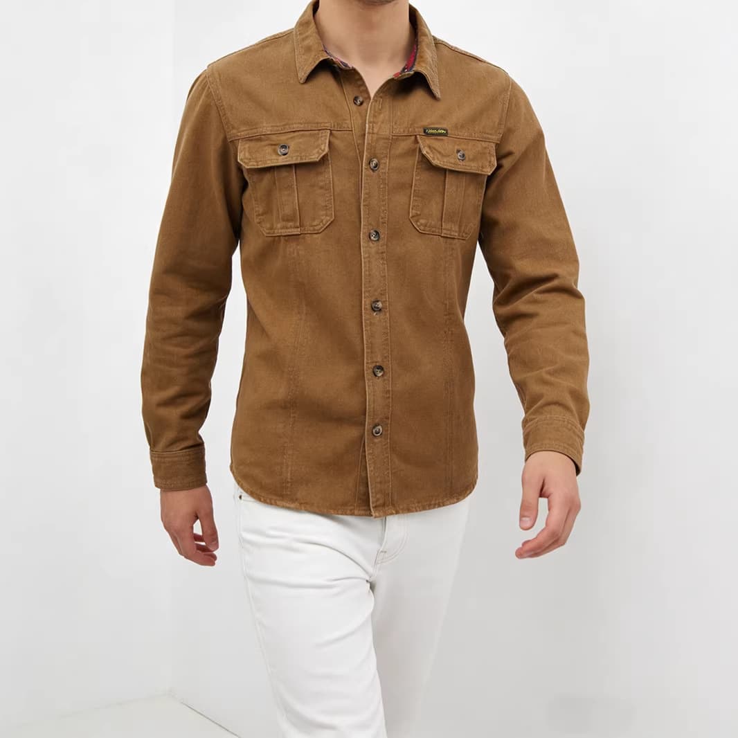 Cross-border hot style 2026 new brown trendy brand denim shirt men's versatile casual lapel top men's shirt