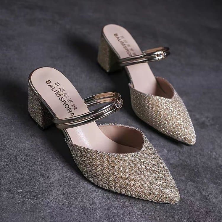 2025 Spring/Summer New Large Size Enclosed Toe Two-Way High Heel Sandal Slippers for Women Pointed Toe Women's Shoes Cross-Border Trade