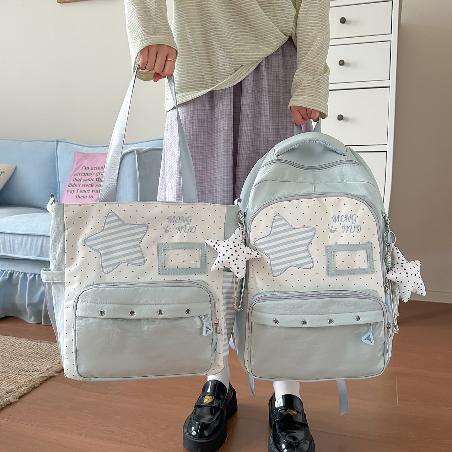 Cute Star Pattern Large Capacity Backpack for Female Students, Lightweight Casual Backpack, 2-Way Handbag Backpack