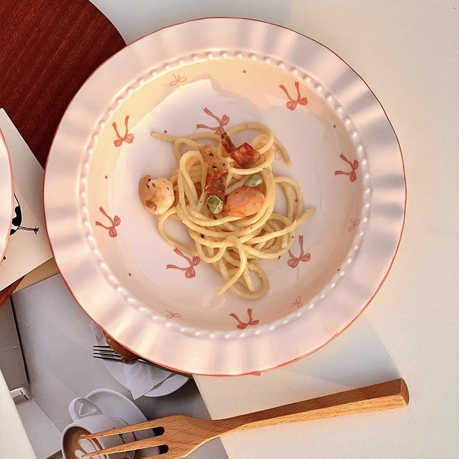 Bowknot Plate Ceramic Dinnerware High-Temperature Glaze Under-Glaze Color Girl's Heart Cute Home Deep Plate Breakfast Plate Dessert Plate