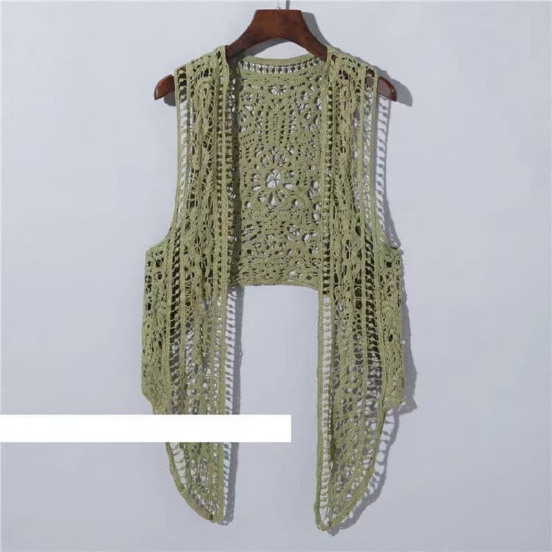 Women's Summer Black Lace Hook Flower Cropped Sleeveless Knitted Vest Cardigan Outerwear Thin Style Off-Shoulder Vest