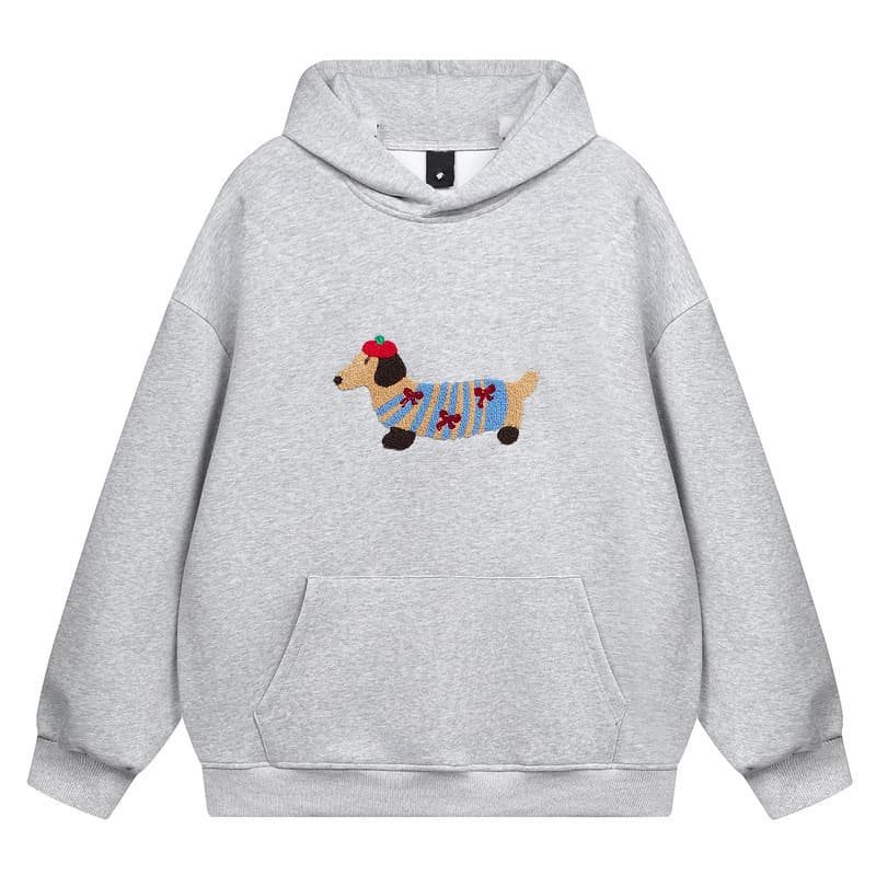 Cross-Border Qilin Furry Dachshund Towel Print National Trend Fun Hooded Autumn and Winter Sweatshirt Loose Couple Gray