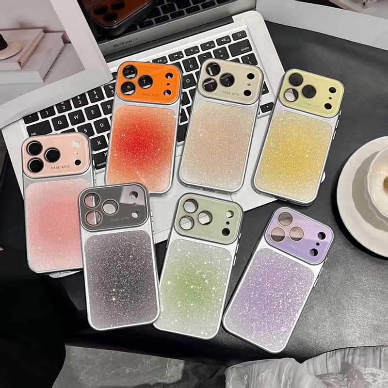 Large Window Compatible with iPhone 17 Pro Max Gradient Glitter Phone Case iPhone 16 15 Shockproof Protective Cover