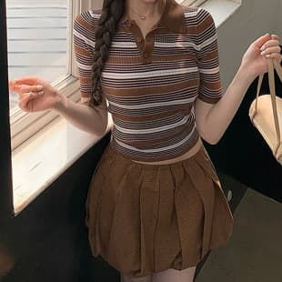 Lilylik "Korean Unnie" Yangtze Fine Spun, Early Autumn Textured Striped Polo Top + Slim Fit Dress