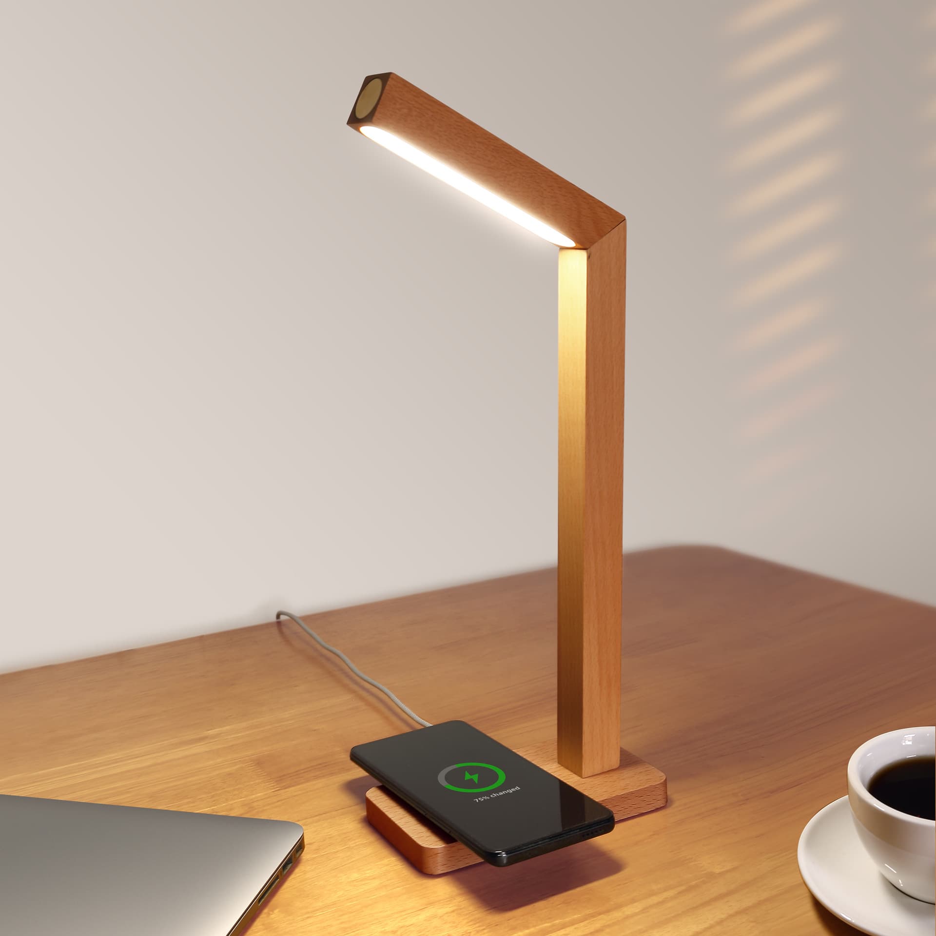 New Chinese Style Solid Wood Desk Lamp with USB Wireless Charging, Reading Lamp, Wall Lamp, Three-in-One Night Light, Decorative Natural Wood Lamp