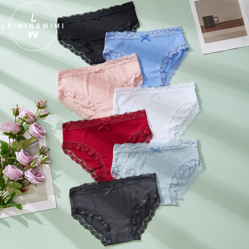 Sexy Lace Trim Women's Panties, Solid Color Fashion Lace Trim Cotton Crotch Comfortable High Elastic Ribbed Triangle Panties