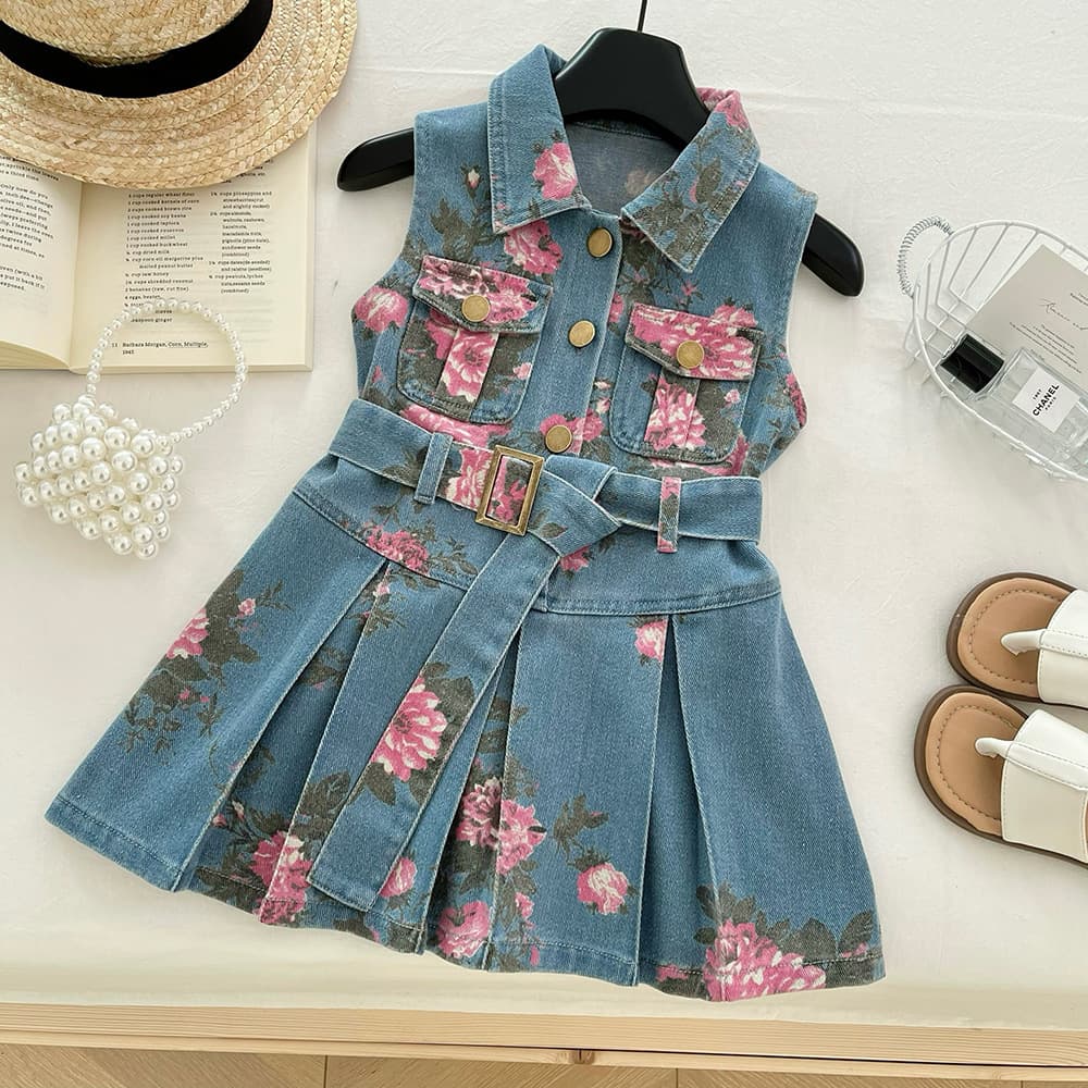 2025 Summer New Korean Style Girls Printed Denim Sleeveless Cute Dress Baby Flower Children's Dress 0092
