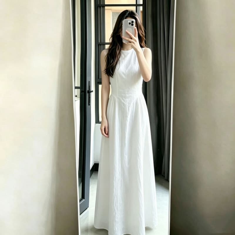 French Sleeveless Vest White Dress Summer 2026 New Premium Pleated Waist-Length Long White Dress