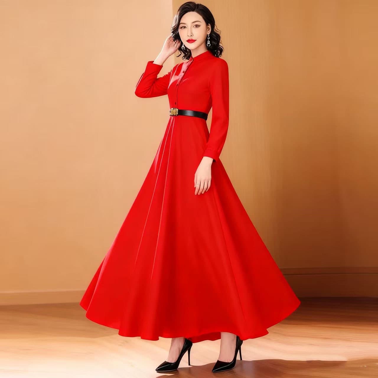 2025 new autumn red dress for women, high-end temperament, small stand-up collar, versatile fashionable waist slimming long skirt