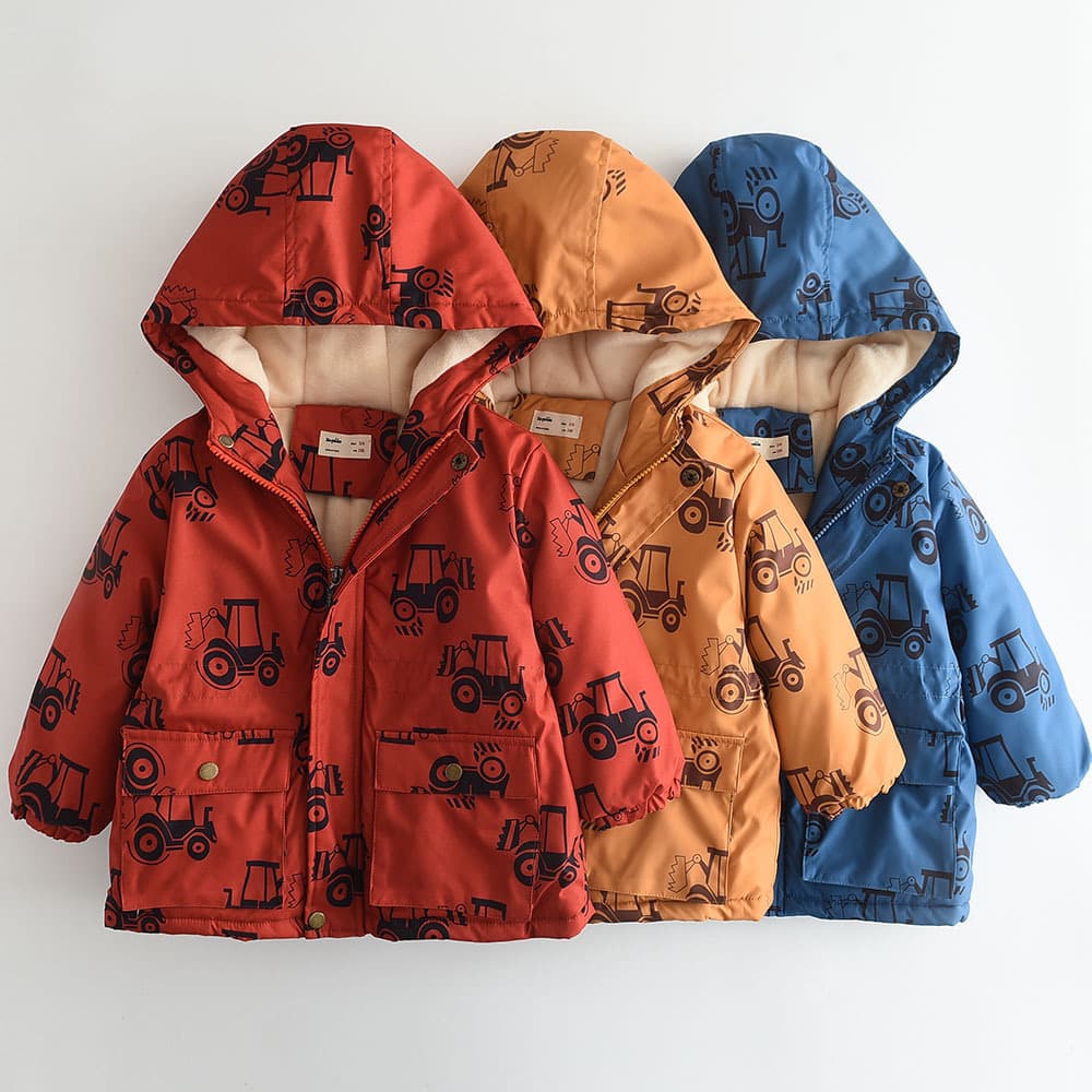 2025 Winter New Style Printed Car Boys' Fleece-Lined Hooded Thick Cotton Jacket 0827-01