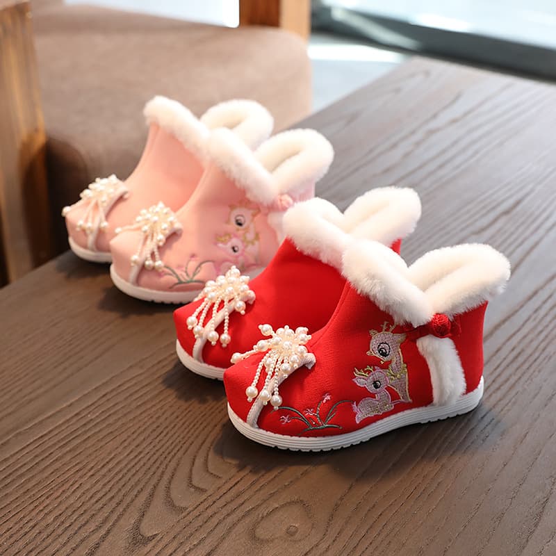 Girls' Winter Fleece-Embroidered Shoes, Ancient Style Children's Warm Hanfu Shoes, Chinese Style Girl Snow Boots, Large Cotton Boots