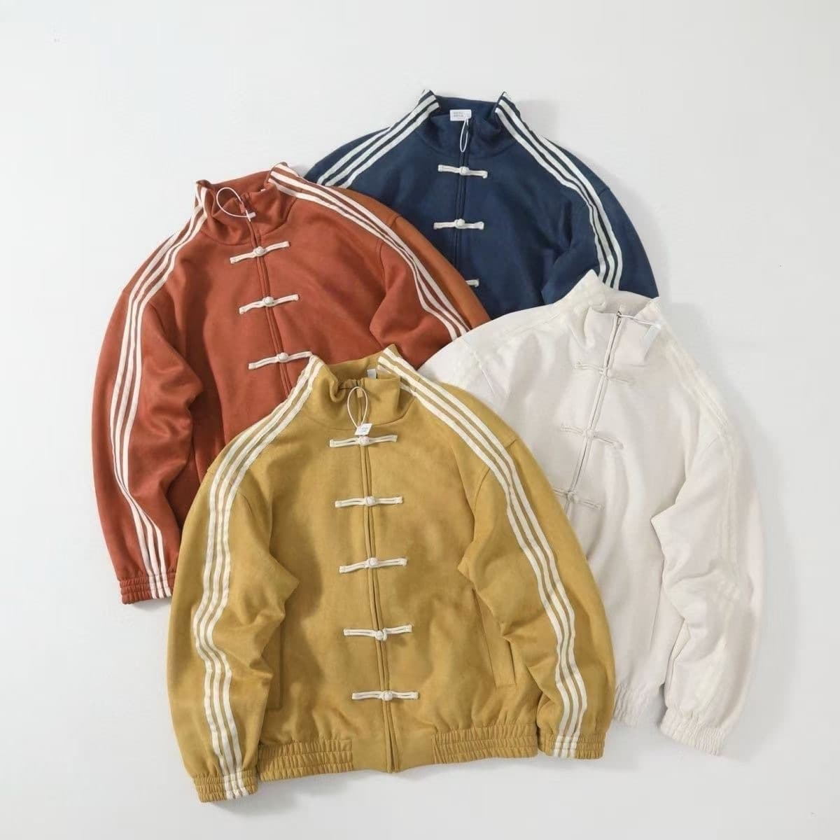 Three-Stripe High-End Retro Sports Striped Fashionable Wang Anyu Same Style New Chinese Style Frog Button Jacket Men and Women Coat