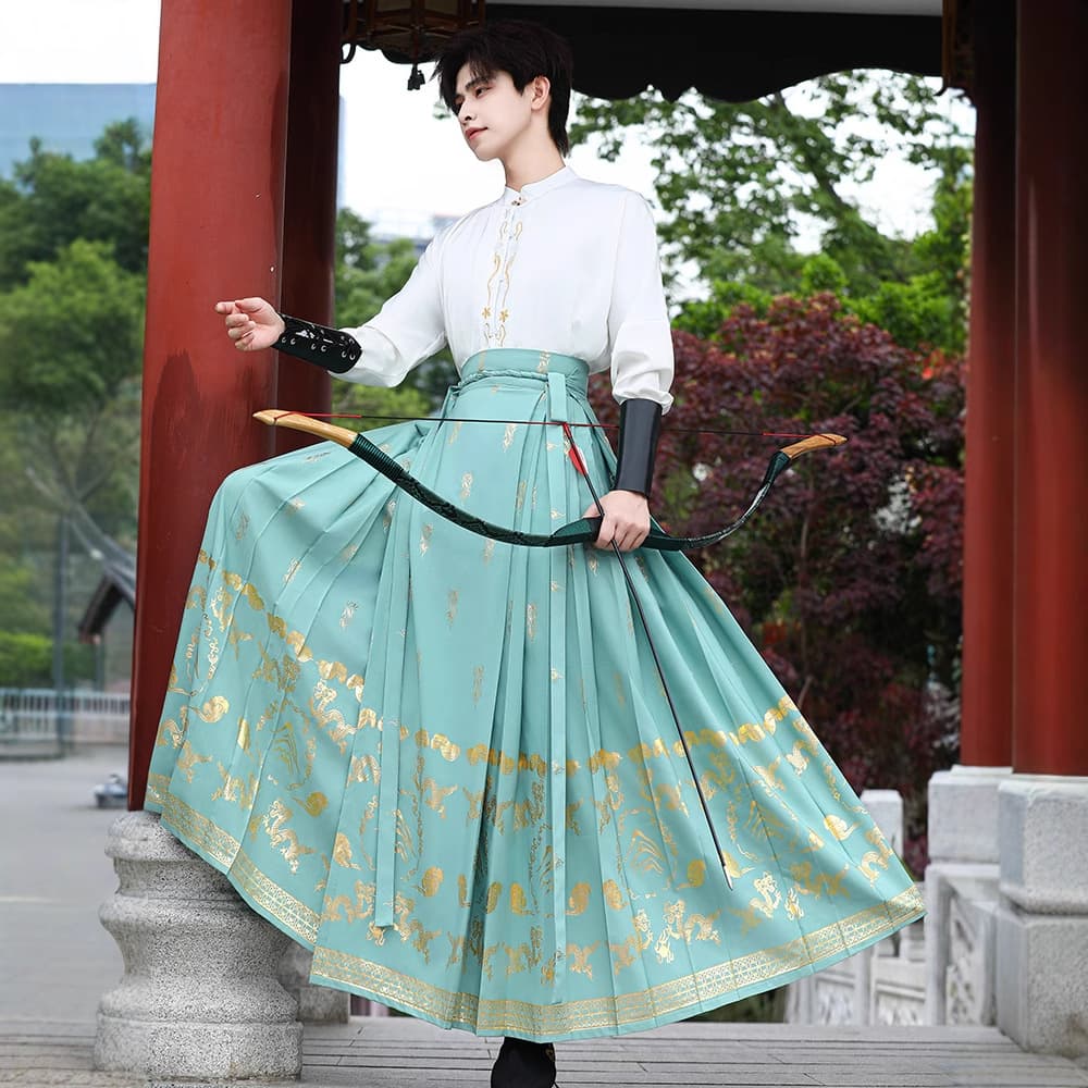 Clearance sale green daily Hanfu handsome ancient attire Chinese style class uniform ancient style men's attire cyan dragon pattern horse-face skirt.