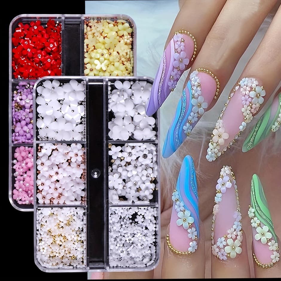 Five-petal flower nail art jewelry ins style boxed size mixed three-dimensional resin flower gold and silver beads pearl nail accessories