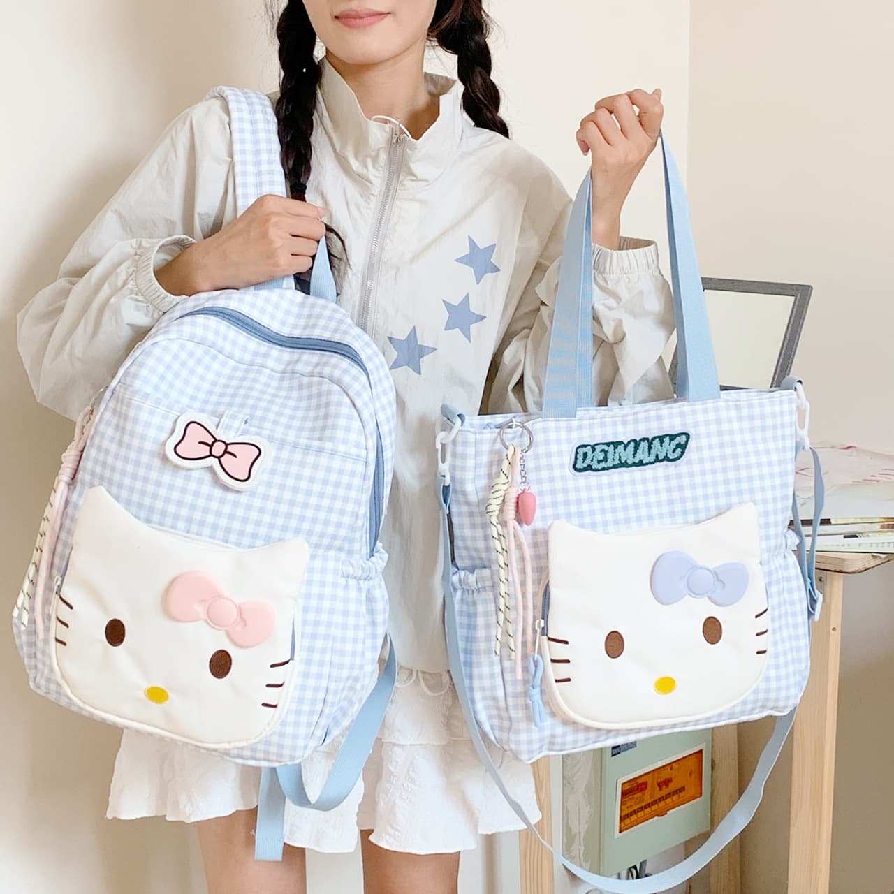 Sweet Plaid Polka Dot Large Capacity Backpack Cute Kitty Cat Bow Student School Bag Tutoring Tote Shoulder Bag