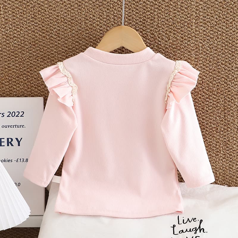 New style girls' t-shirt, Korean style, round neck, lace sleeves, long-sleeved tops, children's bottoming shirts, casual and versatile wholesale