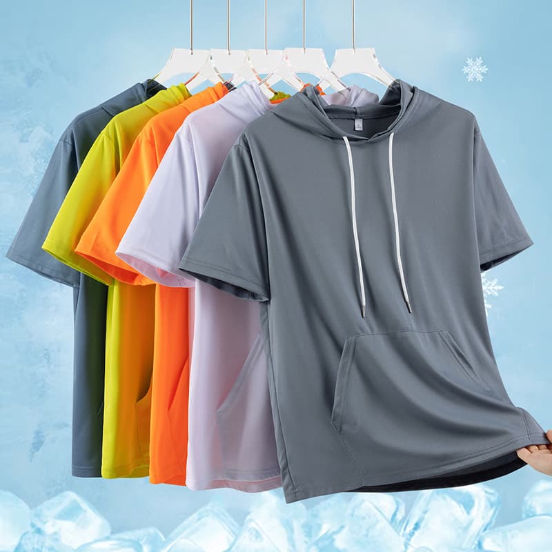 New Summer Men's Short Sleeve T-Shirt Ice Silk Trendy Ins Hooded Half Sleeve Sweatshirt Student with Hood Solid Color Hoodie