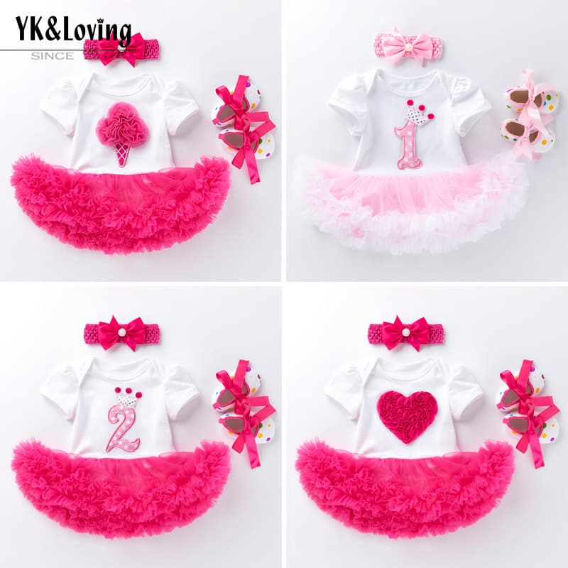 Cross-border Supply Baby Girl Birthday Bodysuit Dress Set Summer Short Sleeve Infant Dress Toddler Shoes 3-Piece Set
