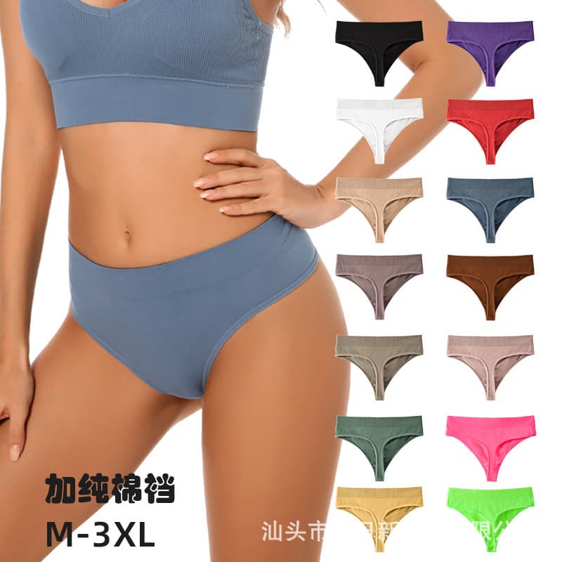 Cotton Gusset Seamless Women's Panties Thong Sexy, Yoga Sport Fitness One-Piece Mid-Waist Triangle T-Back Summer