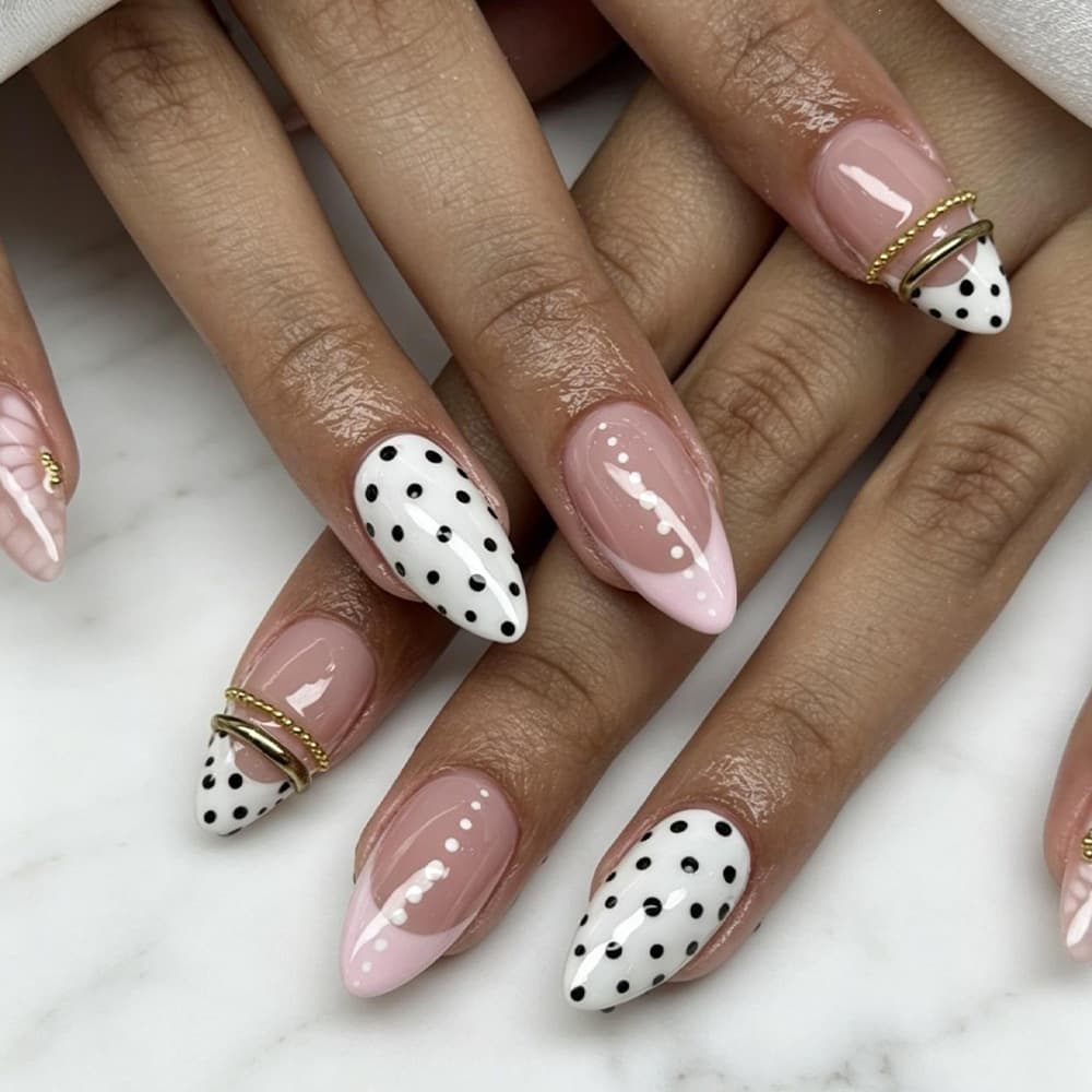 Polka Dot 3D Metal Ring French Press-On Nails INS Foreign Trade Nude Pink Skin-Brightening Manicure 24-Piece False Nails Mixed Batch