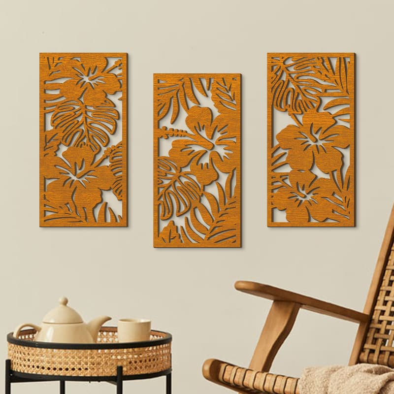Modern Minimalist Plant Cutout Wooden Hanging Sign Wall Decor Cross-Border 3-Piece Living Room Wall Decoration Wall Art