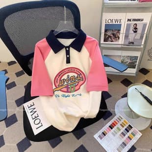Girls New Short Sleeve Contrast Color Polo Shirt Summer Korean Style Printed Loose T-Shirt Middle and Big Kids Collar Trendy Top
