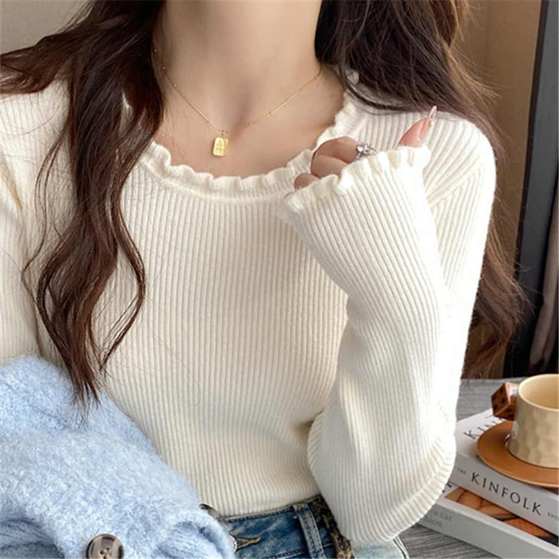 Ruffle-Trim Base Layer Top Women's New Early Spring Trendy Inner Knit Chanel-Style Top Round Neck Sweater