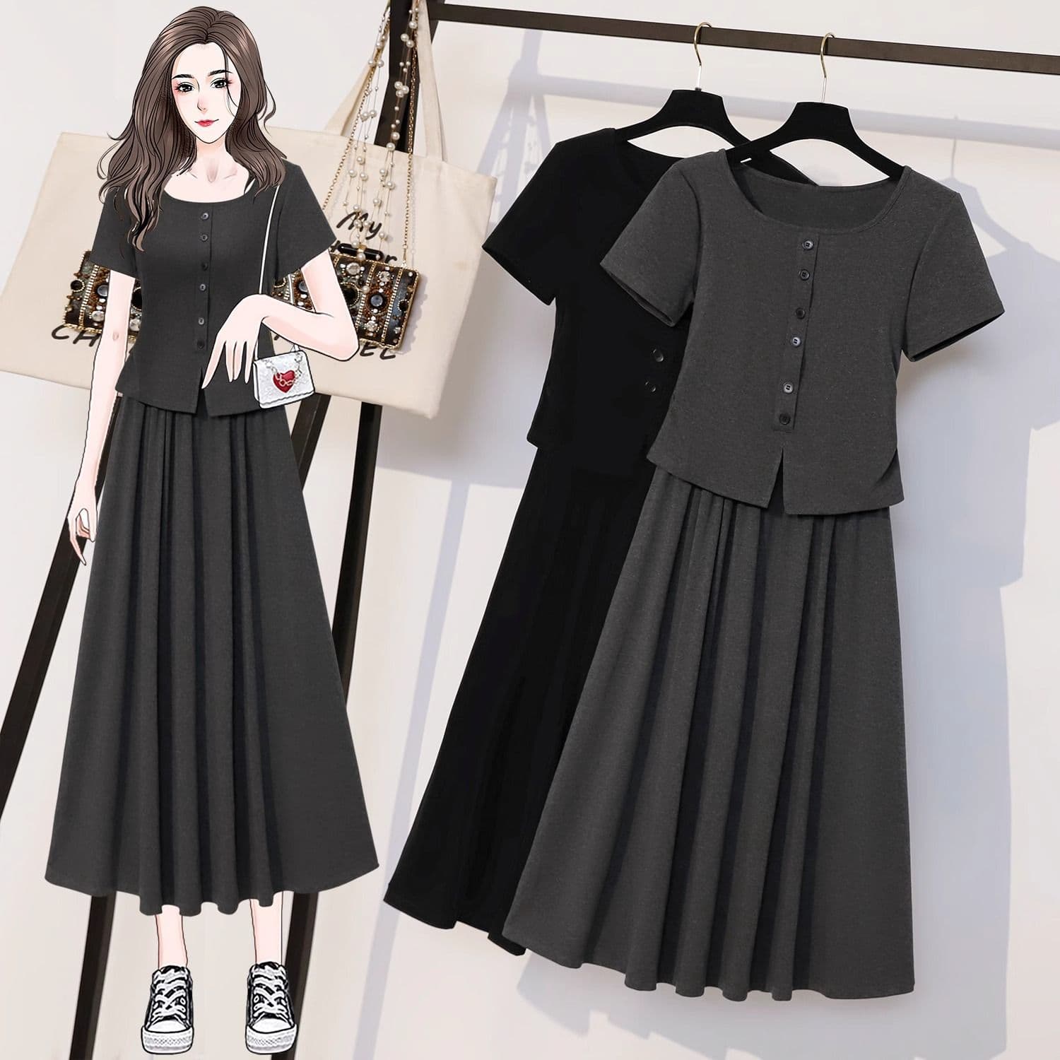Plus Size Summer Tummy-Hiding Slimming Age-Defying Fashion Suit Dress for Women, Fat mm One-Piece Outfit with Skirt Two-Piece Set